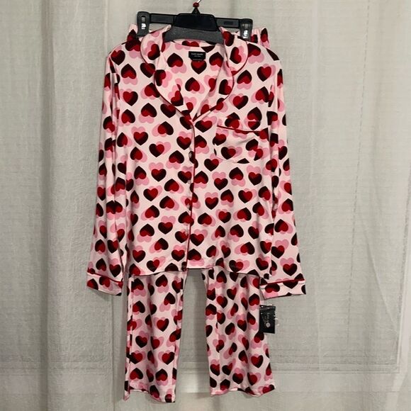kate spade Pink Red Burgundy Overlapping Hearts Notch Collar Long Sleeve Pant PJ